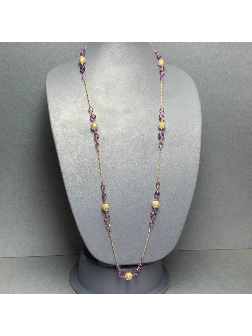 Filigree Beaded Necklace 38 In Gold Chain Purple Faceted Retro Vintage Elegant
